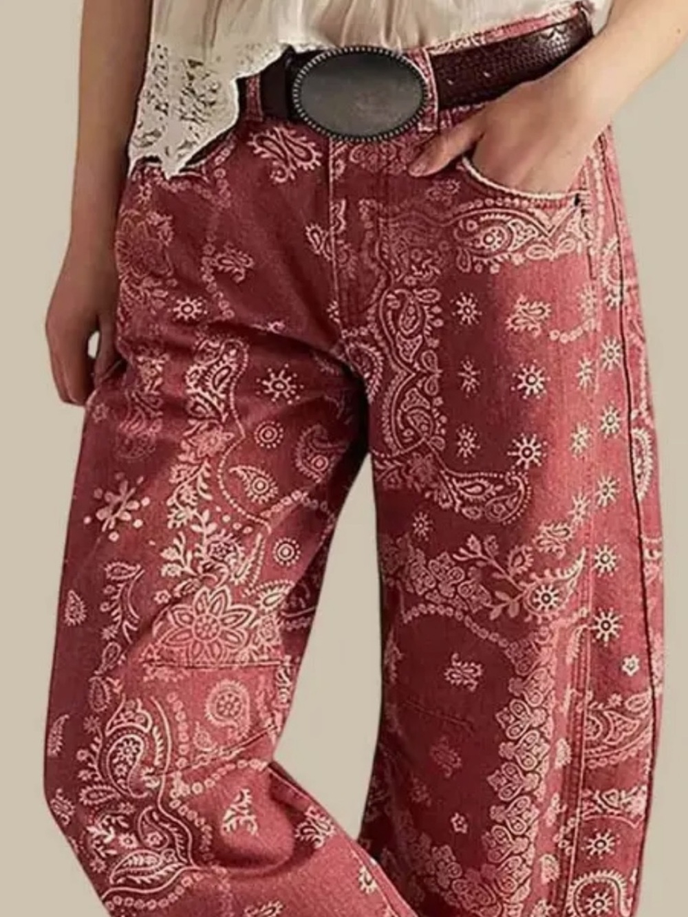 Women's Red Paisley Wide-Leg Pants